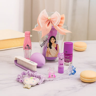 Kawaii Personalized Makeup & Accessory Cup – Custom Name Beauty Kit (Saree Edition) | Love Craft Gifts