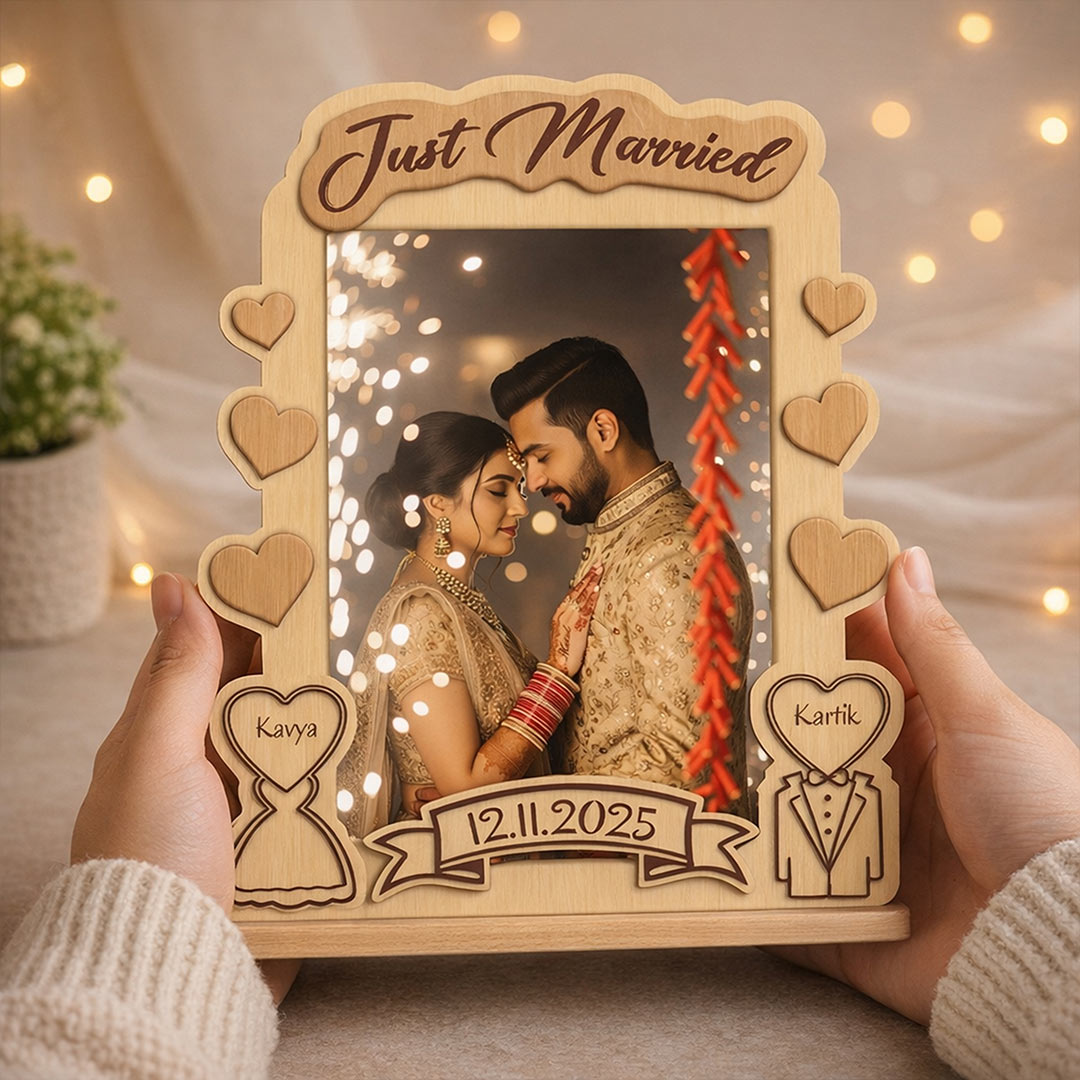 Personalized Just Married Wooden Photo Frame – Custom Name, Date & Picture Wedding Table Top Stand (8x7 Inch) | Love Craft Gifts