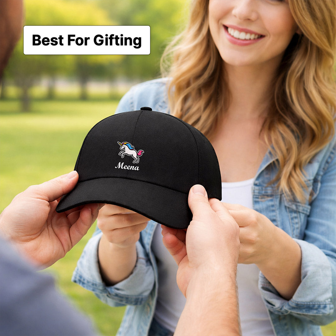 Personalized Unicorn Printed Black Cap – Custom Name Adjustable Baseball Hat for Women & Girls | Love Craft Gifts