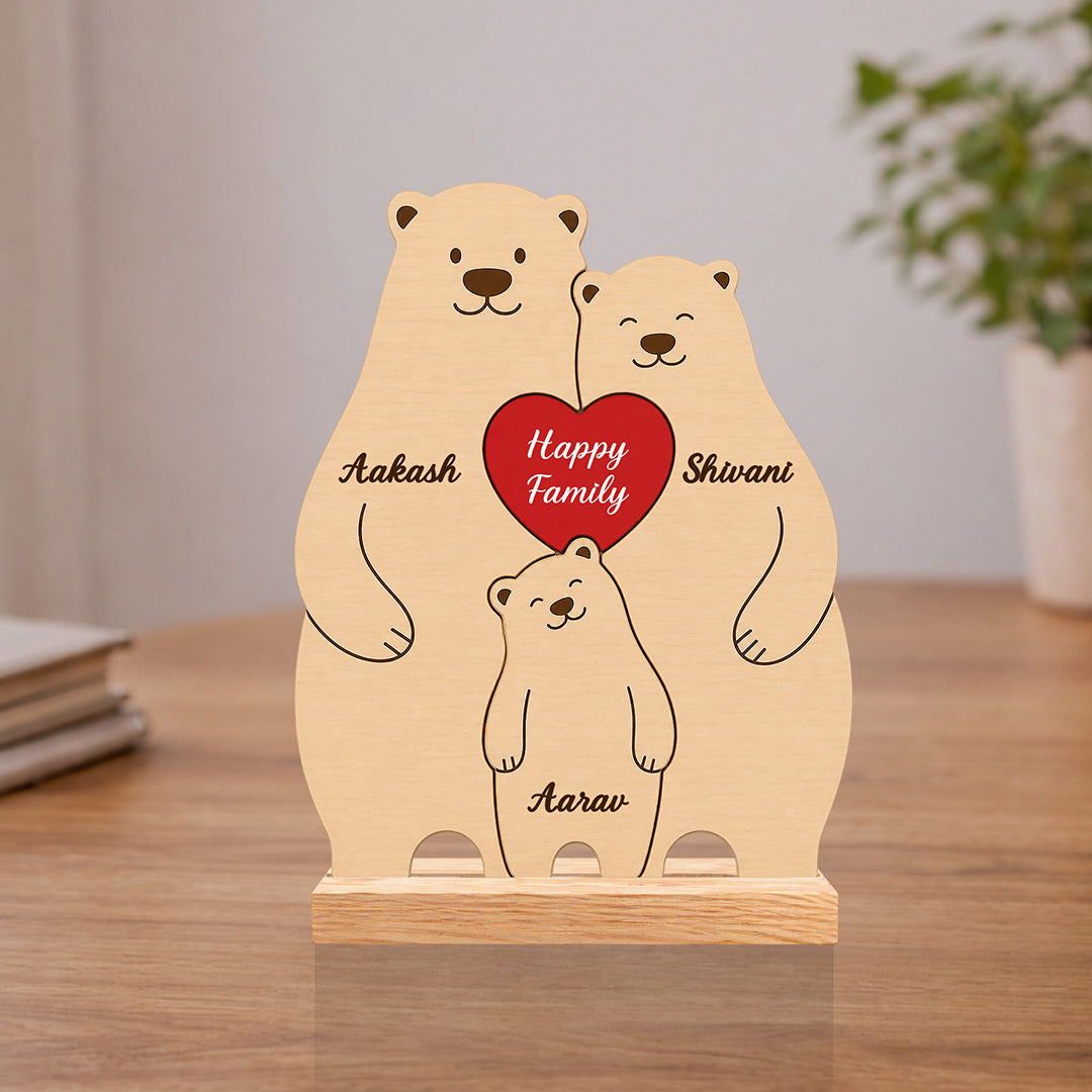 Personalized Happy Family Bear Wooden Table Stand (6x7.5") | Custom Name Family Décor Gift | Love Craft Gifts™