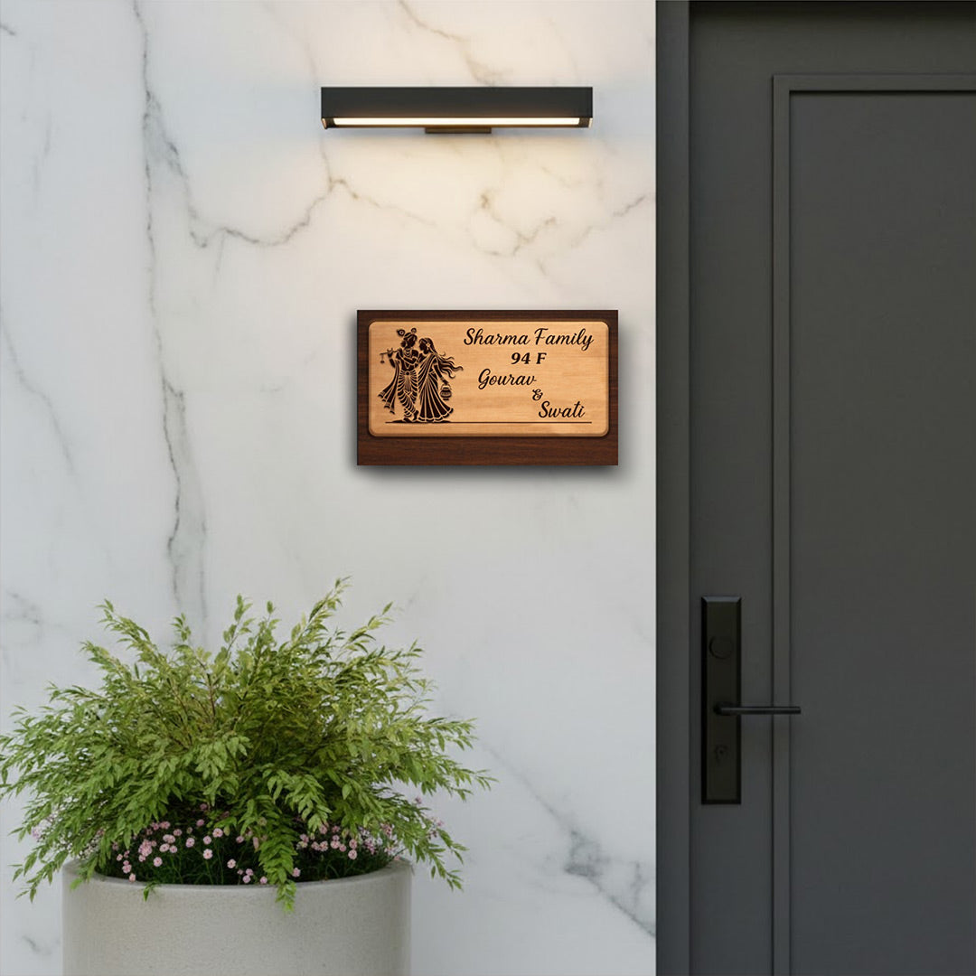 Personalized Radha Krishna Wooden Name Plate for Home Entrance – Custom Family Name Door Sign (10 x 6 Inch) | Love Craft Gifts