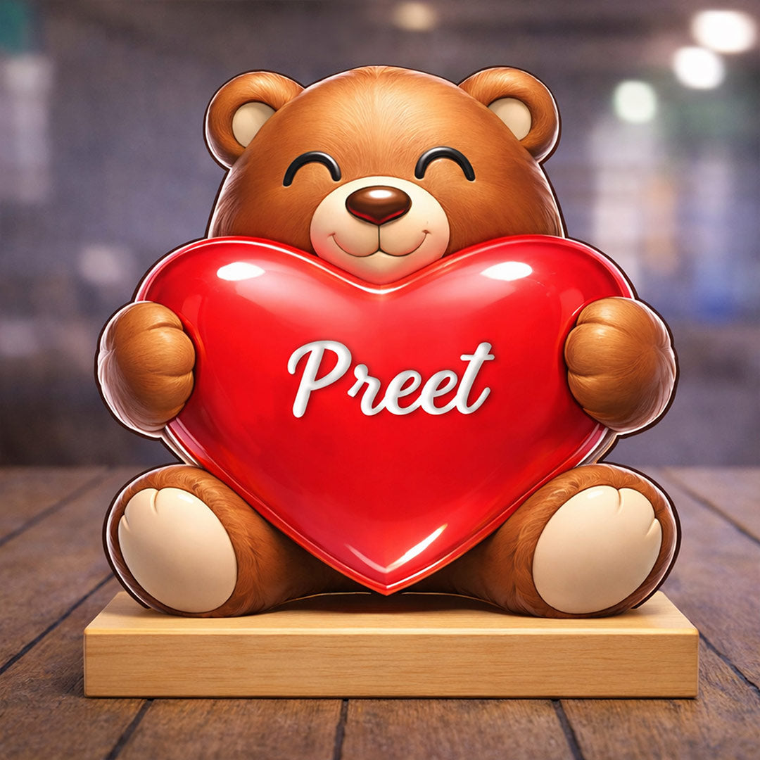 Personalized Teddy Bear Heart Wooden Stand with Name – Custom Cute Table Top Gift (7x7 Inch) | Love Craft Gifts