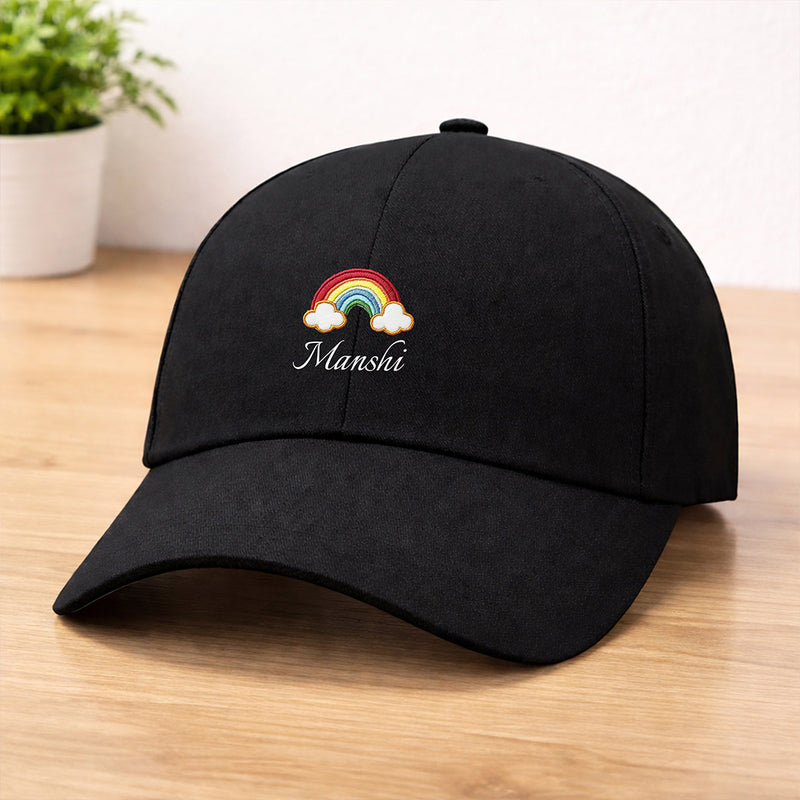 Personalized Rainbow Embroidered Black Cap – Custom Name Adjustable Baseball Hat for Women & Girls | Love Craft Gifts