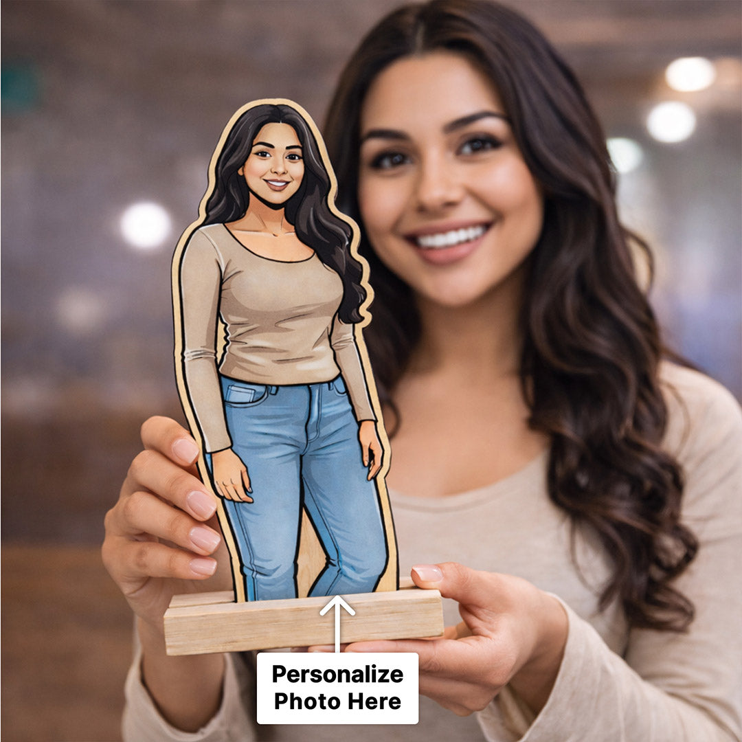 Personalized Cartoon Acrylic Photo Stand with Wooden Base – Custom Picture Cutout Table Top Gift (7x4 Inch) | Love Craft Gifts