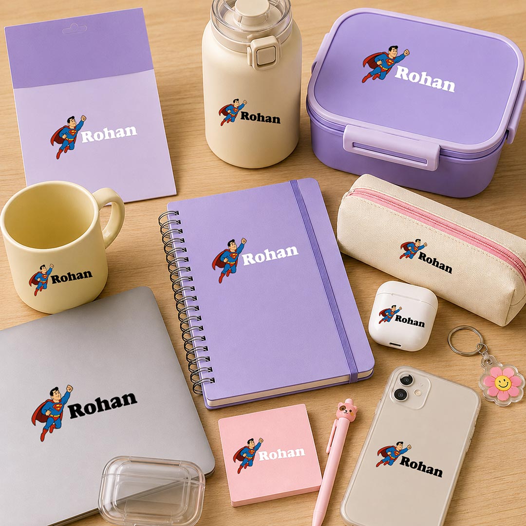 Premium Custom Name Superman Stickers | Personalized UV Ink Transfer Labels for Personal Belongings | Love Craft Gifts™
