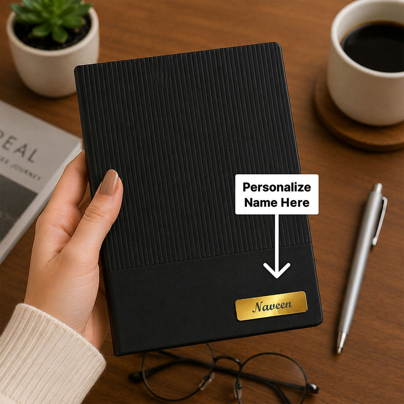 Personalized Black PU Leather Executive Diary with Custom Name Plate | Premium A5 Journal Gift for Professionals, Office Use, Meetings & Corporate Gifting | Love Craft Gifts™