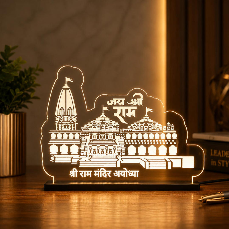 Premium Ram Mandir Ayodhya illuminated showpiece featuring Jai Shri Ram lettering and detailed temple artwork.