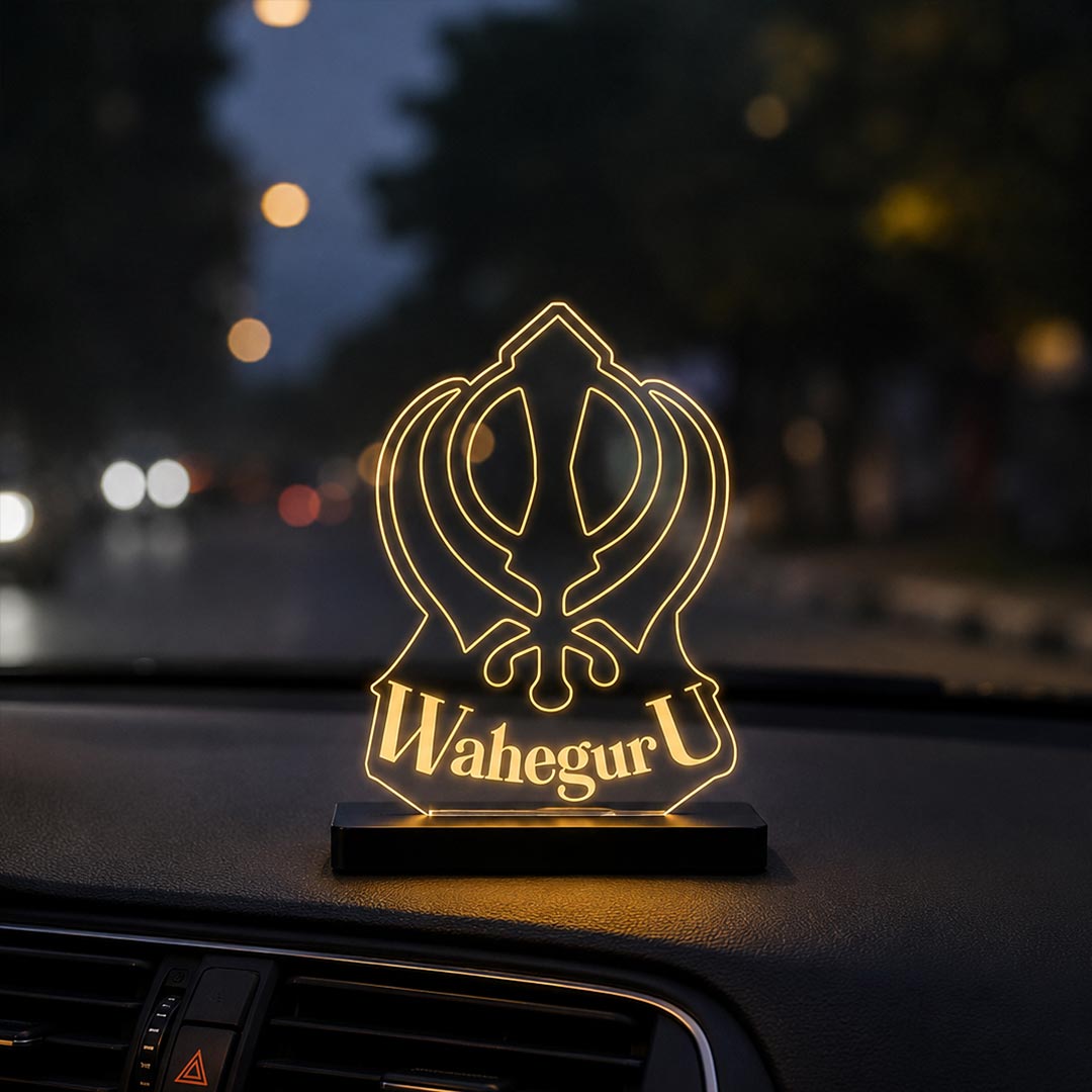 Waheguru LED Car Dashboard Lamp – Premium Sikh Acrylic Dashboard Light for Car Interior Decor, Spiritual Gift for Family & Divine Travel Companion | LoveCraftGifts™