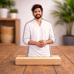 Personalized Cartoon Acrylic Photo Stand for Men with Wooden Base – Custom Picture Cutout Table Top Gift (7x4 Inch) | Love Craft Gifts