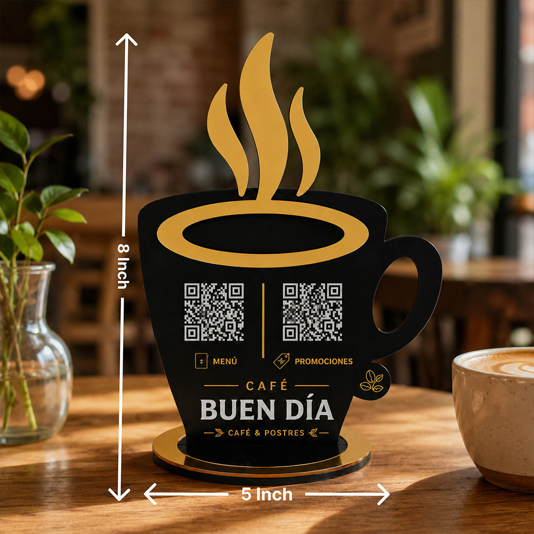 Personalized Coffee Mug QR Code Table Stand with Custom Logo & Café Branding Display | Premium Business Gift for Coffee Shops & Cafés - 8x5" | Love Craft Gifts™