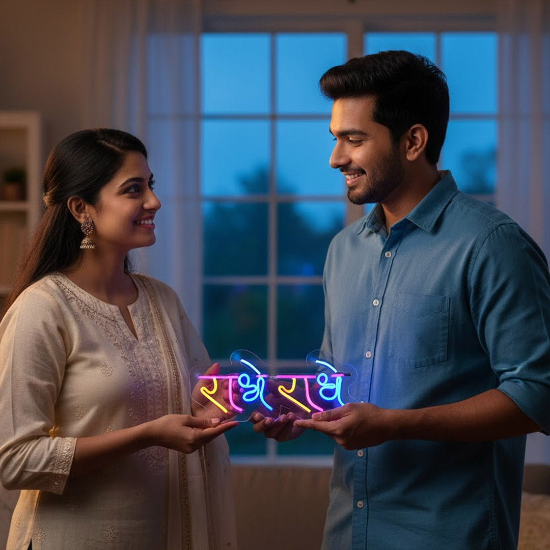 Radhe Radhe Neon Light Frame (7×14 Inch) – Divine Radha Naam Glow Decor | Love Craft Gifts