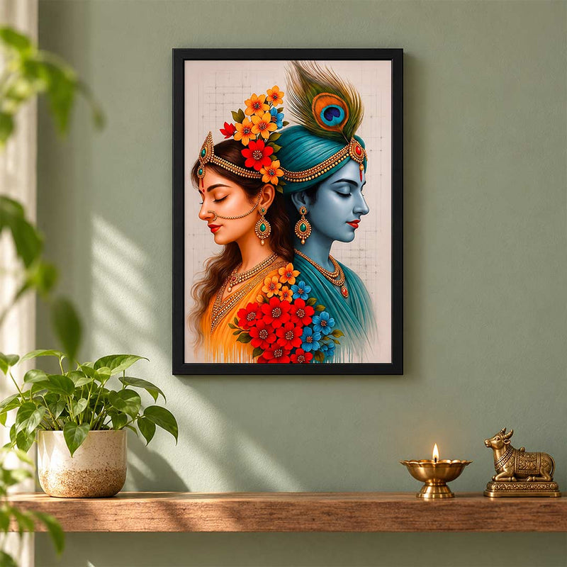 Radha Krishna Spiritual Wall Art | Floral Religious Frame | Love Craft Gifts™