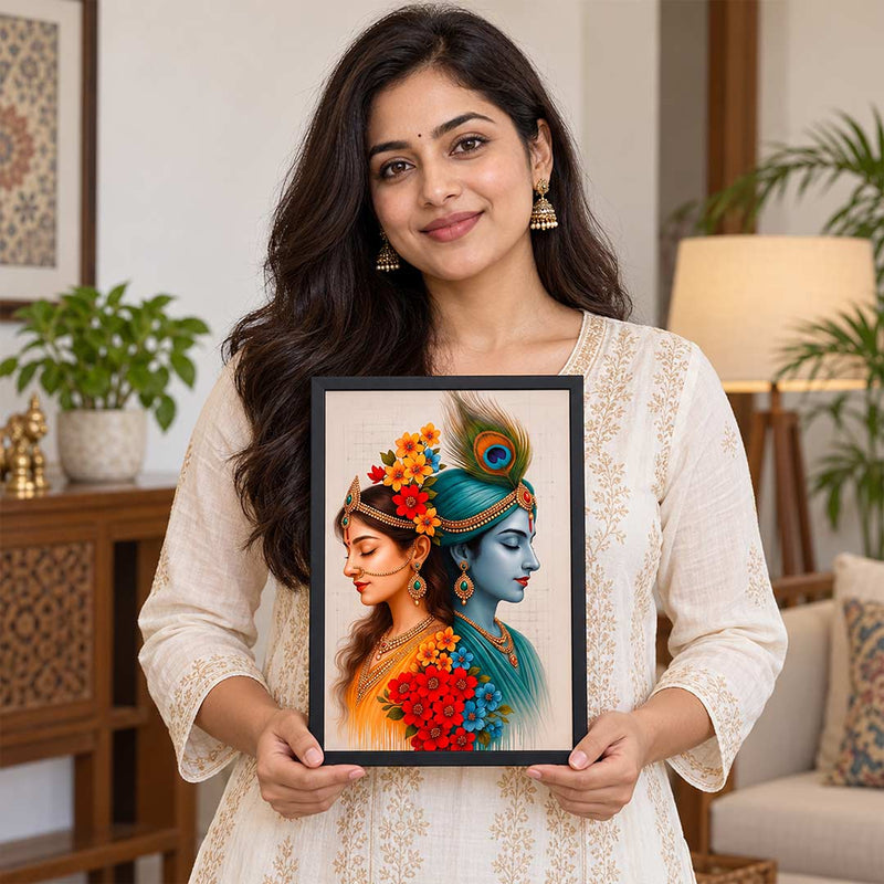 Radha Krishna Wall Décor | Peacock Feather Floral Artwork | Love Craft Gifts™