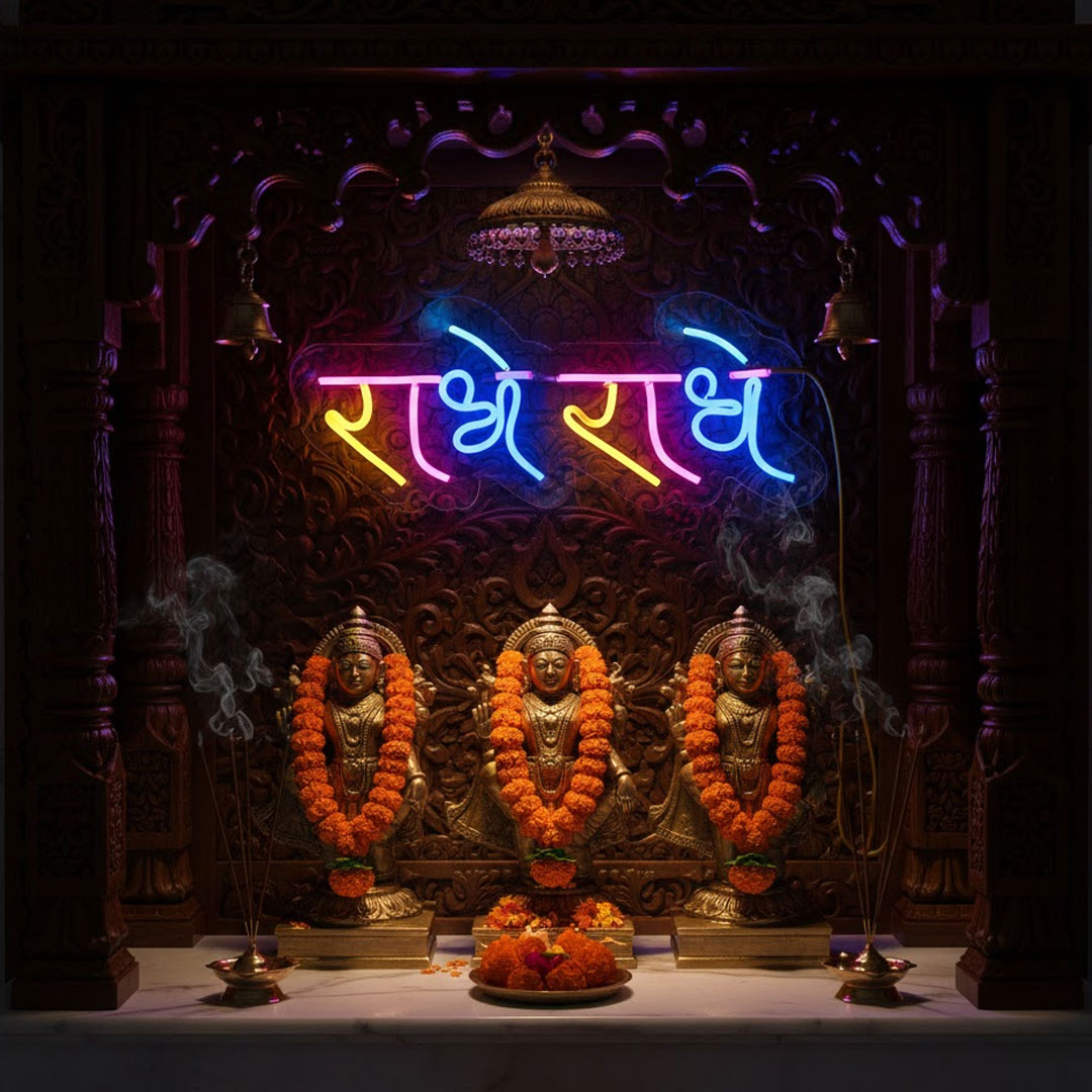 Radhe Radhe Neon Light Frame (7×14 Inch) – Divine Radha Naam Glow Decor | Love Craft Gifts