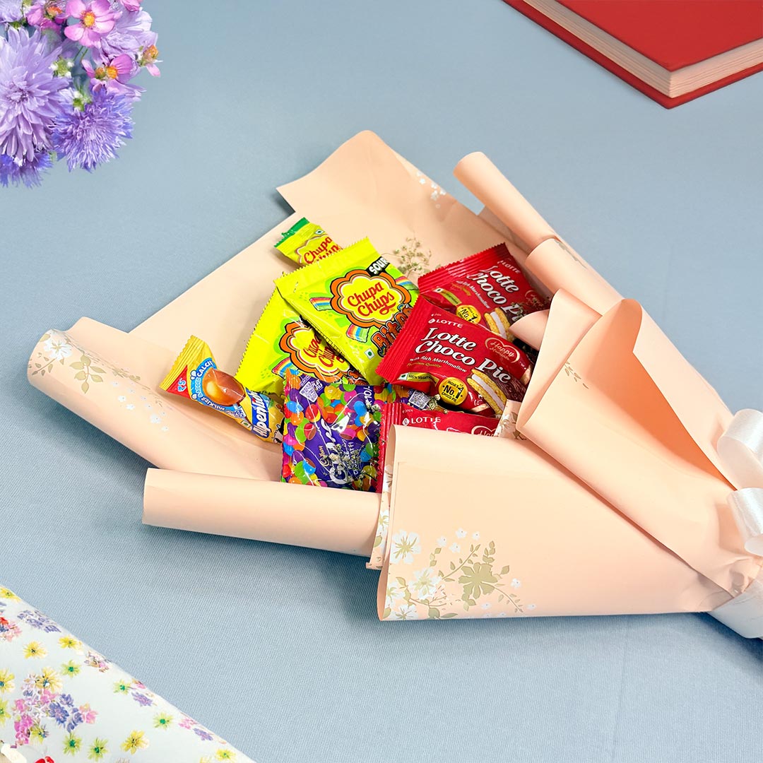 Candy & Chocolate Bouquet Gift – Chupa Chups, Gems, Lotte Pack Wrapped in Floral Sleeve | Love Craft Gifts