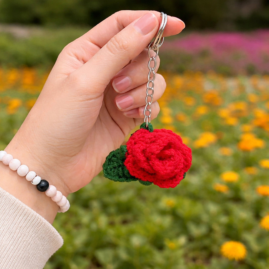 Handmade Crochet Rose Keychain – Cute Floral Bag Charm & Key Ring Accessory | Love Craft Gifts