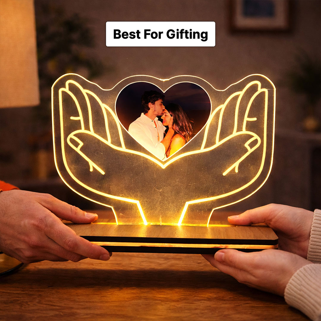 Personalized Heart Hands Acrylic LED Lamp with Photo – Custom Romantic Night Light with Wooden Base | Love Craft Gifts