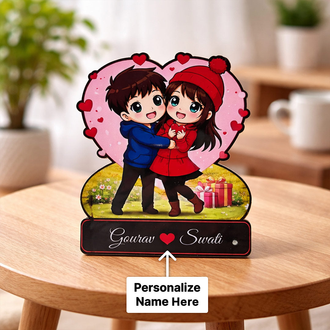 Personalized Cartoon Couple Wooden Table Frame – Custom Name Romantic Wooden Stand (5 × 8 Inch) | Love Craft Gifts