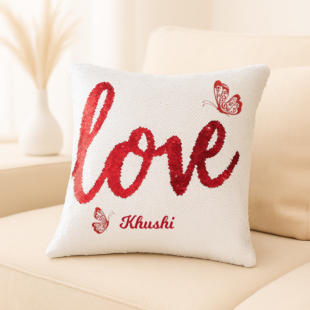Personalized Love Sequin Cushion with Name | Love Craft Gifts
