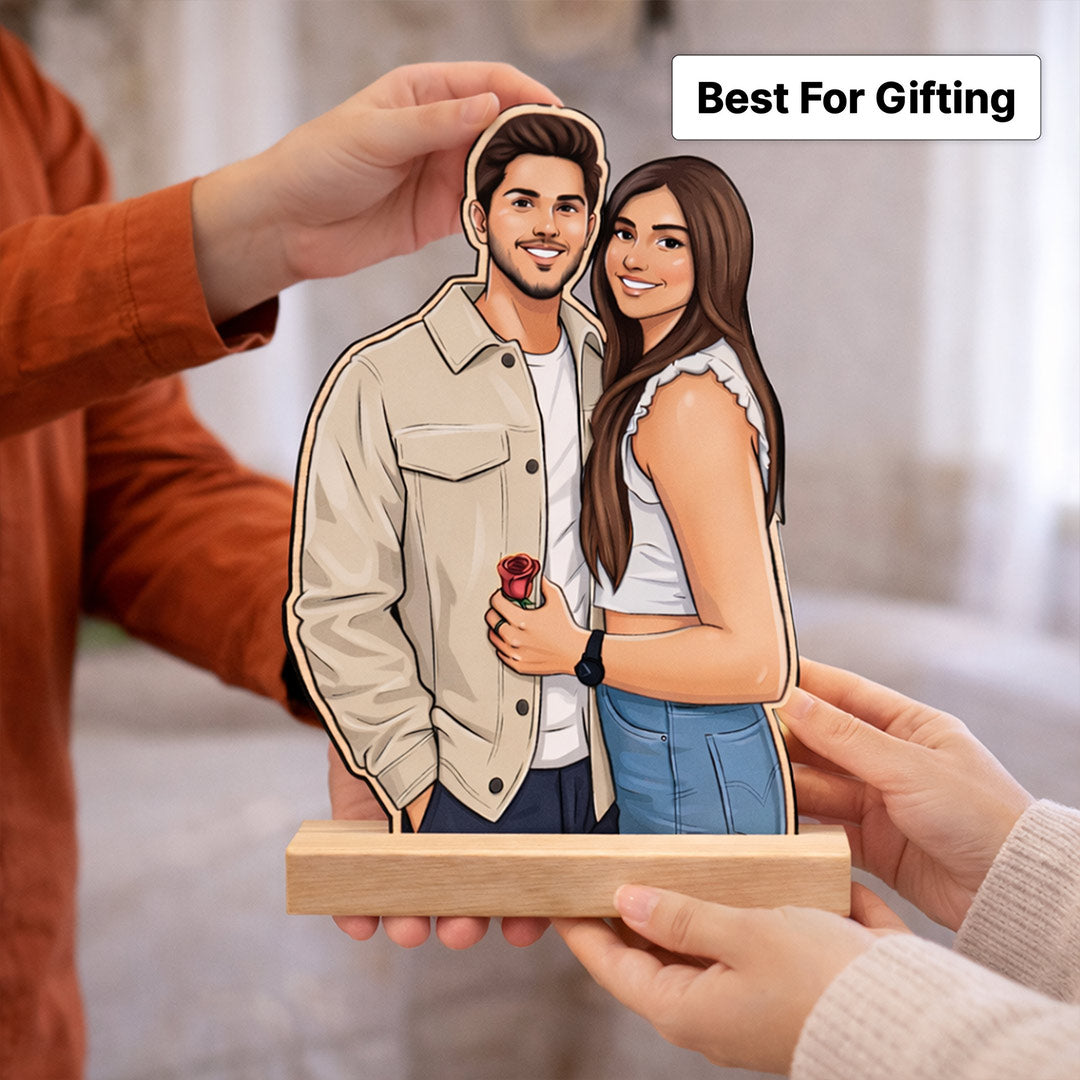Personalized Couple Cartoon Acrylic Photo Stand with Wooden Base – Custom Picture Cutout Table Top Gift (7x4 Inch) | Love Craft Gifts