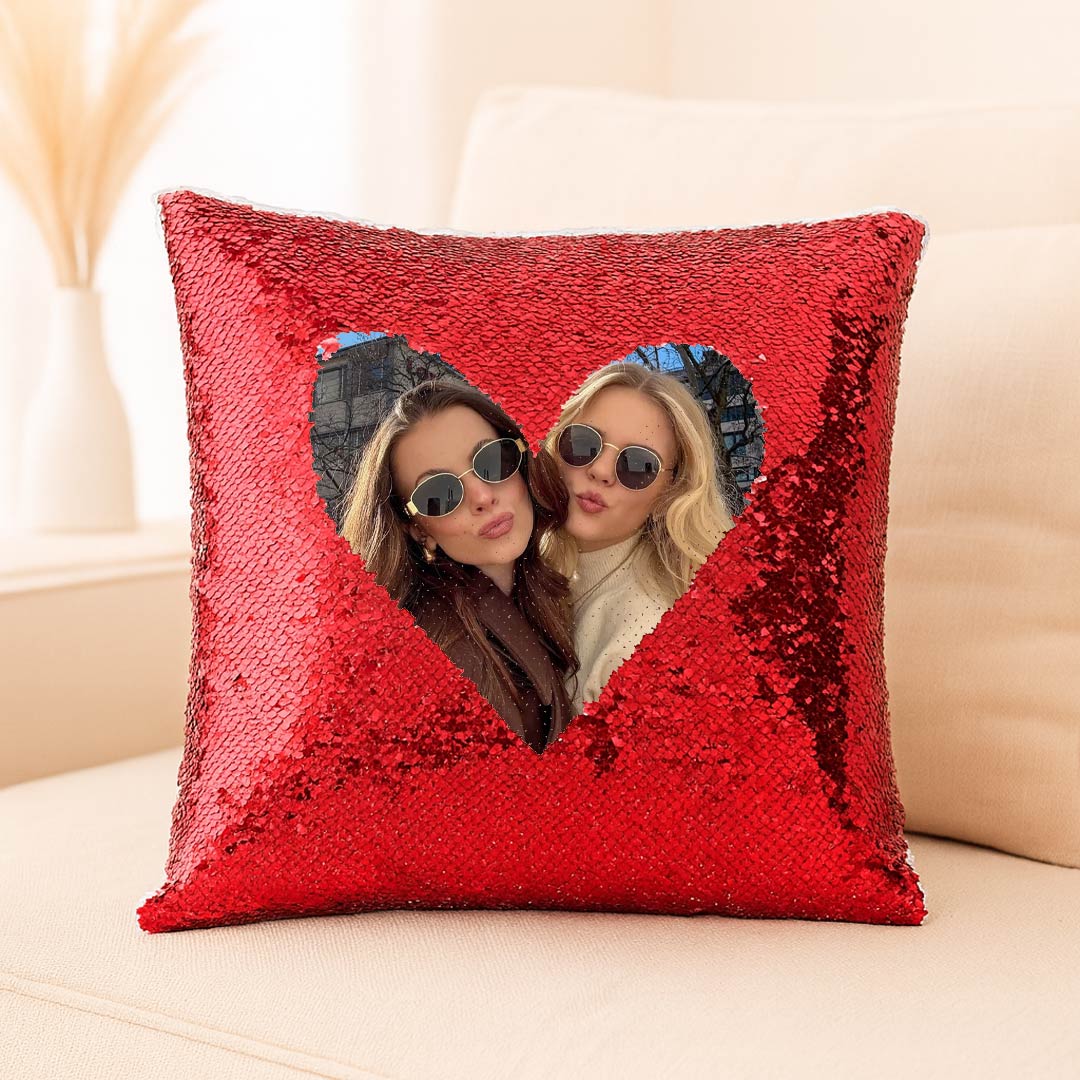 Personalized Red Sequin Cushion with Heart Photo | Love Craft Gifts