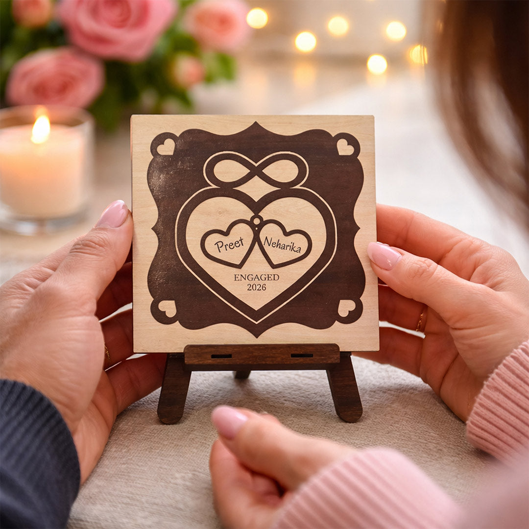 Personalized Wooden Engagement Name Plaque – Custom Couple Name & Date Table Top Frame (8×8 Inch) | Love Craft Gifts