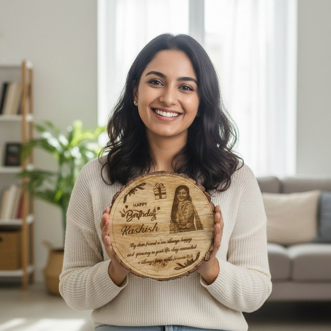 Customized Wooden Engraved Slice – Photo, Name & Message for Any Occasion | 8.5 x 8.5 inch | Love Craft Gifts