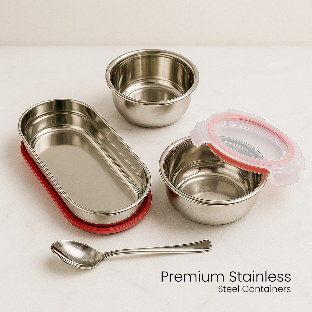 3-Container Stainless Steel Lunch Box with Leak-Proof Lids and Carry Pouch – Ideal for Office and School Use | Love Craft Gifts