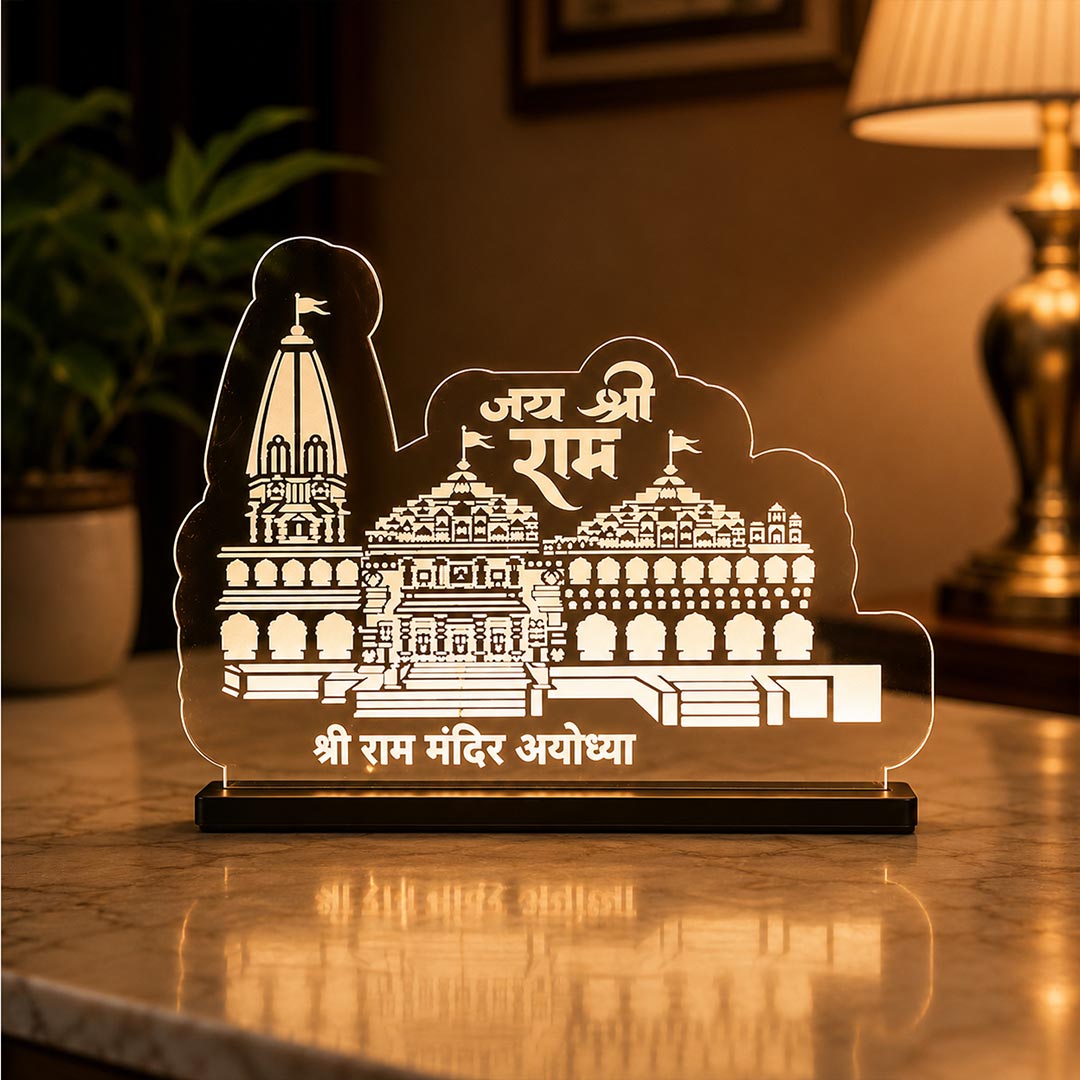 Shri Ram Mandir Ayodhya LED light showpiece with glowing golden temple design for spiritual home decoration.