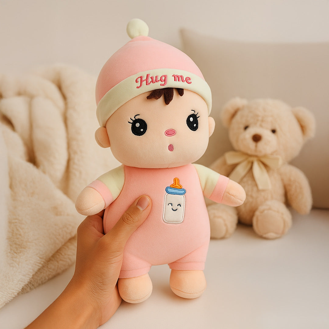 Hug Me Baby Plush Doll – Soft Toy with Cap & Bottle Design | Love Craft Gifts