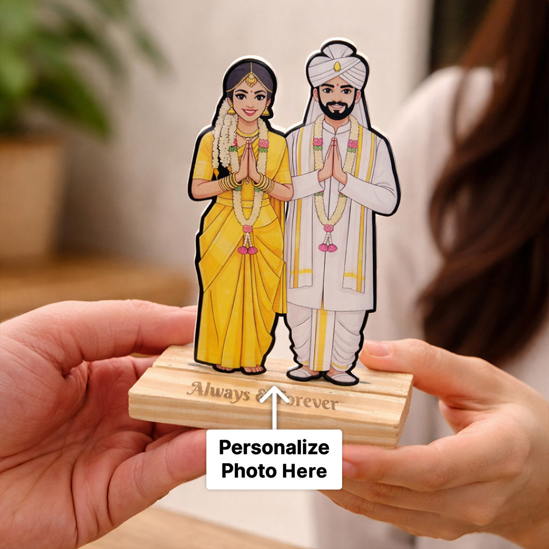 Personalized South Indian Wedding Couple Wooden Stand – Custom Photo Cartoon Wedding Gift Frame (4 × 8 Inch) | Love Craft Gifts