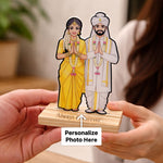 Personalized South Indian Wedding Couple Wooden Stand – Custom Photo Cartoon Wedding Gift Frame (4 × 8 Inch) | Love Craft Gifts