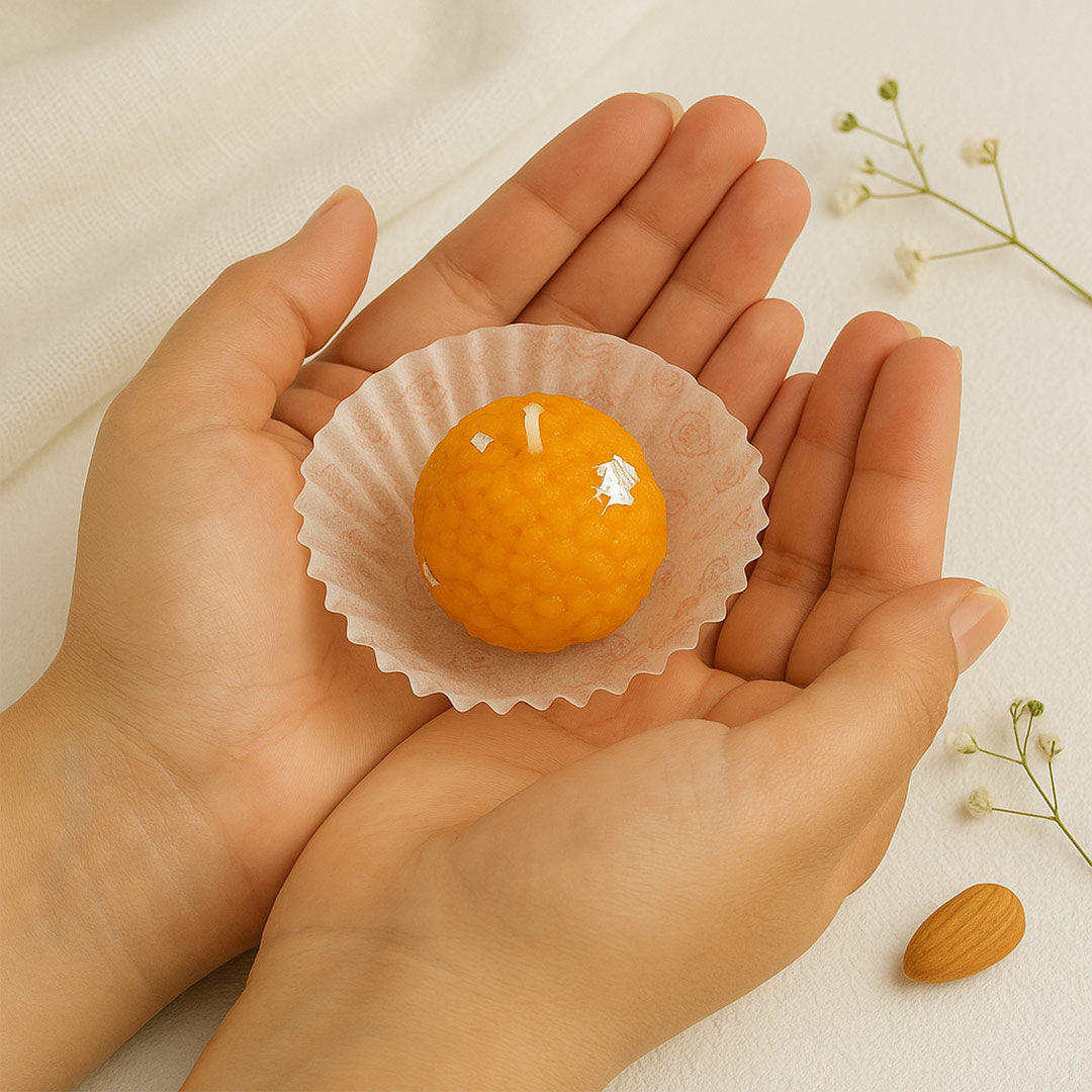 Motichoor Ladoo Shaped Candle – Realistic Sweets Theme Scented Wax Gift | Love Craft Gifts