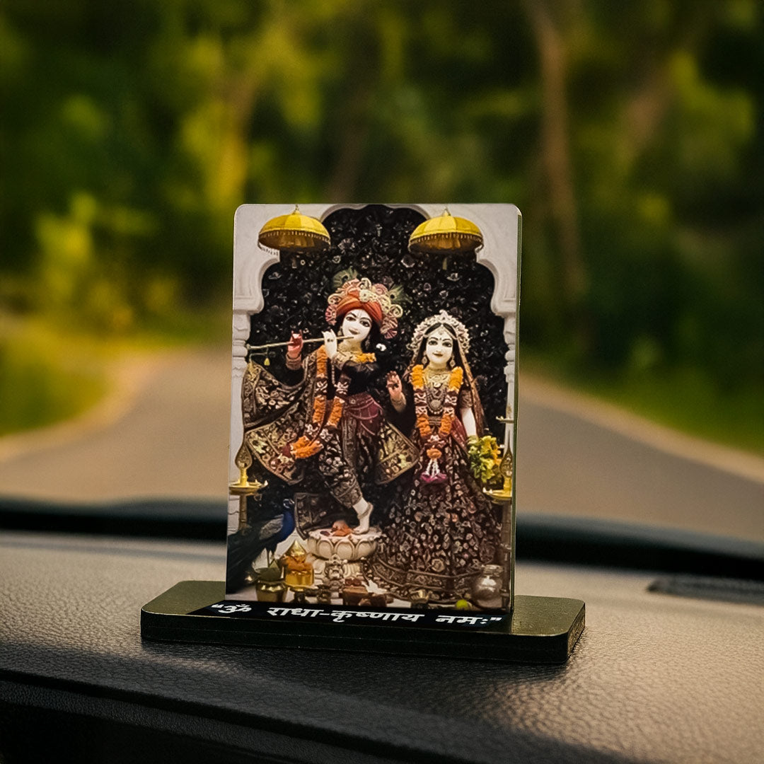 Radha Krishna Acrylic Car Dashboard Frame – UV Printed 4×6 Inch Spiritual Dashboard Decor