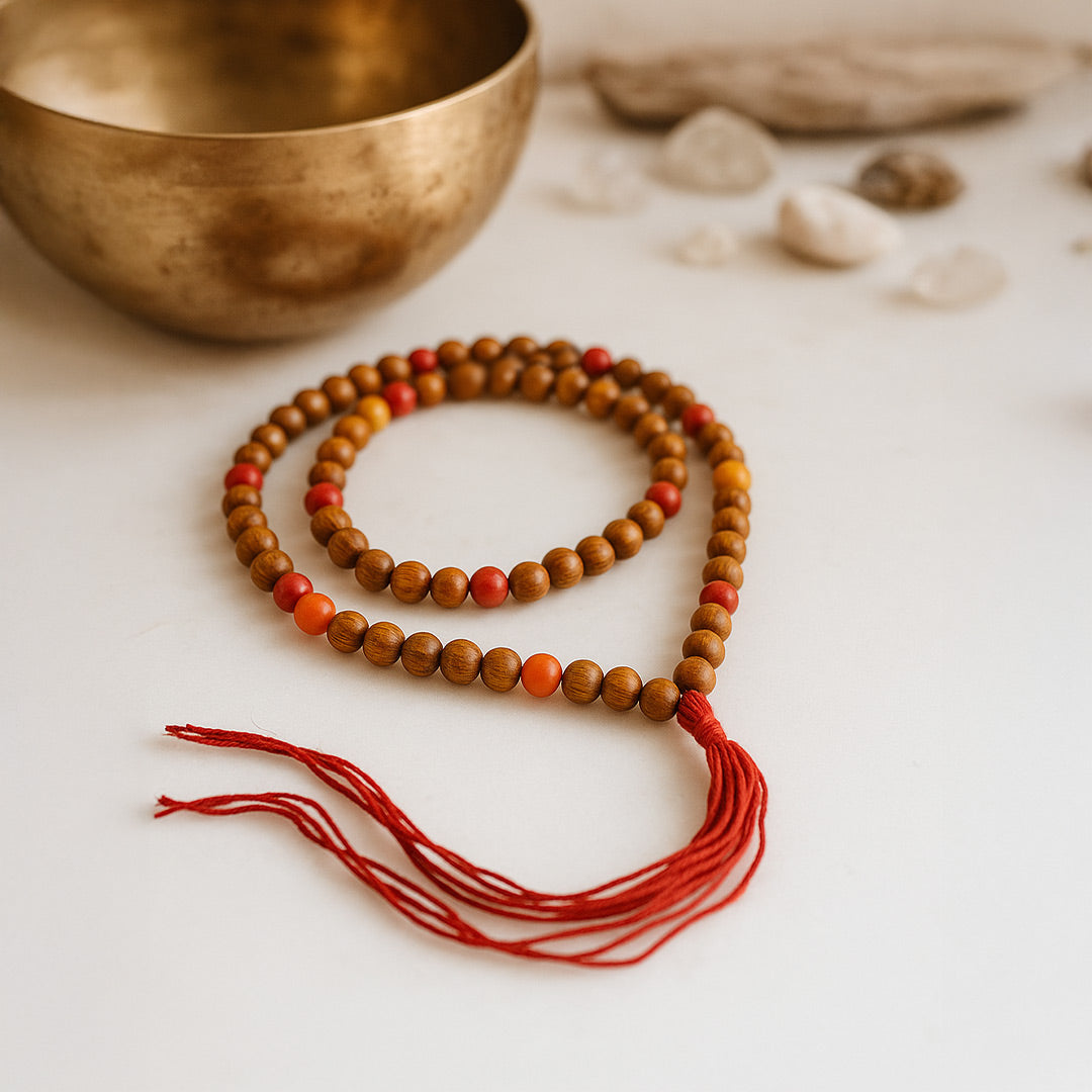 Handcrafted Wooden Prayer Mala with Red Tassel – 108 Beads for Meditation & Spiritual Healing | Love Craft Gifts