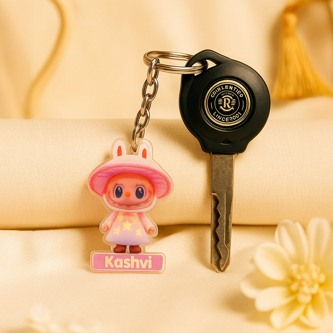 Starry Pink Hat Bunny Keychain – Custom Name Acrylic Charm | Love Craft Gifts