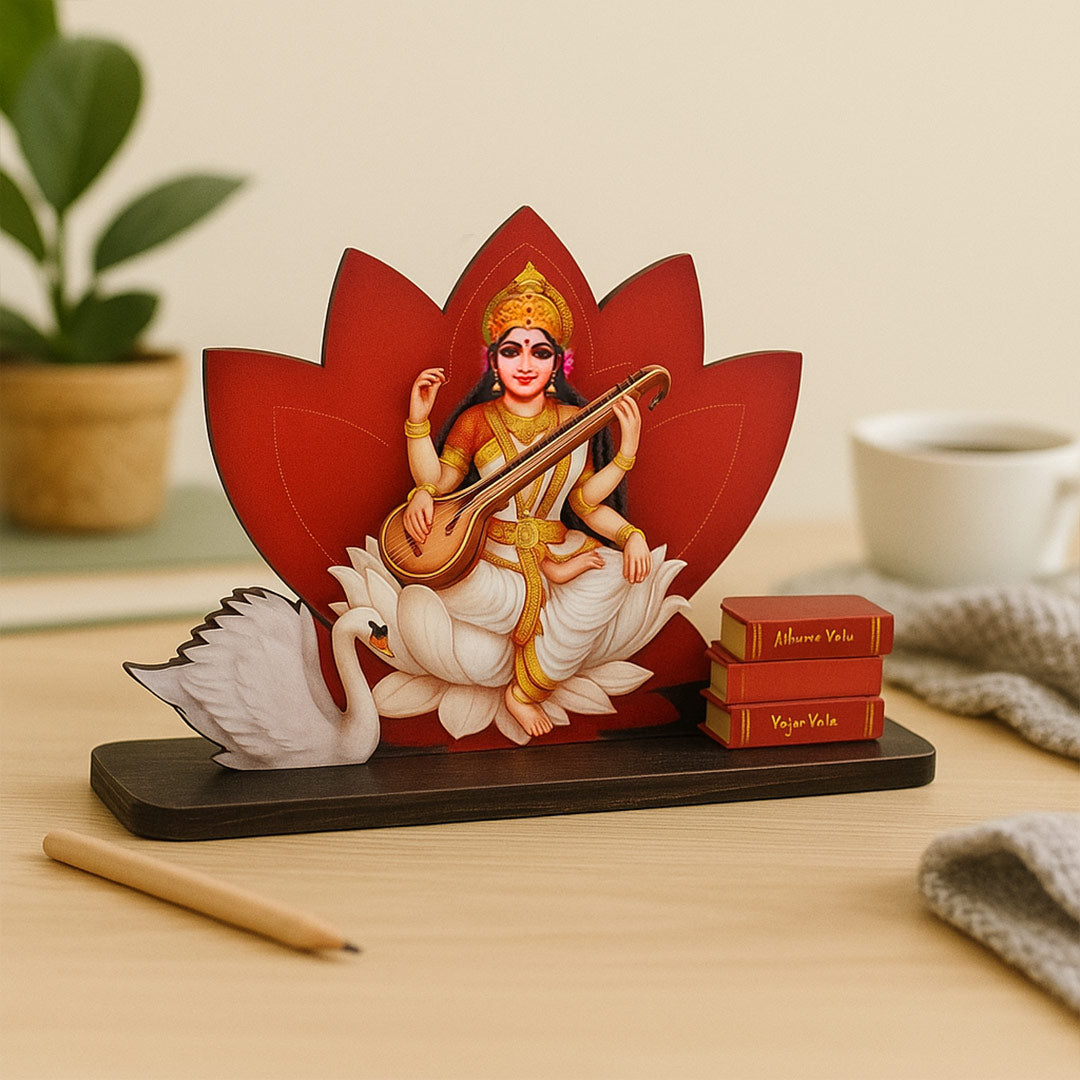 Wooden Goddess Saraswati Idol on Lotus – Study Table Decorative Frame | Love Craft Gifts