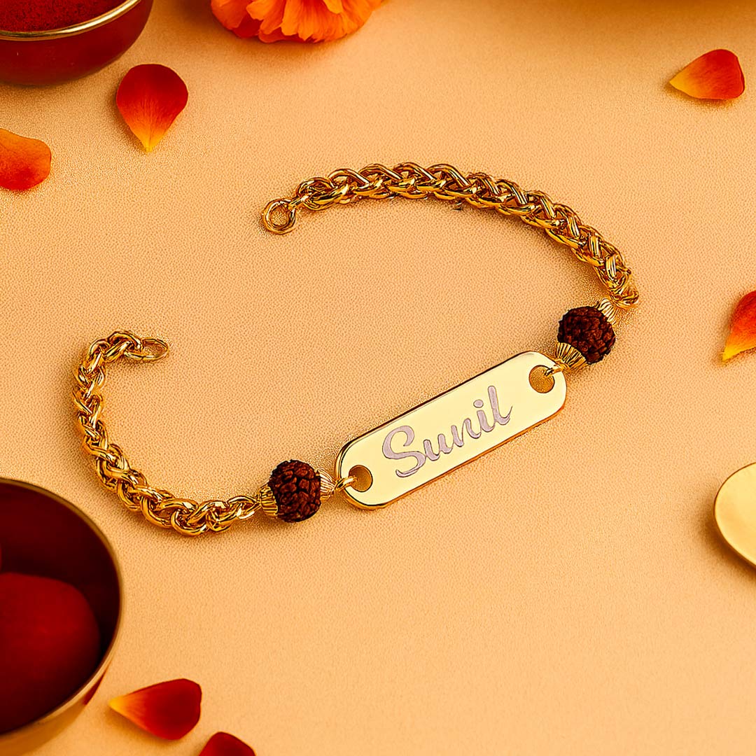 Custom Name Bracelet with Rudraksha & Golden Chain | Love Craft Gifts