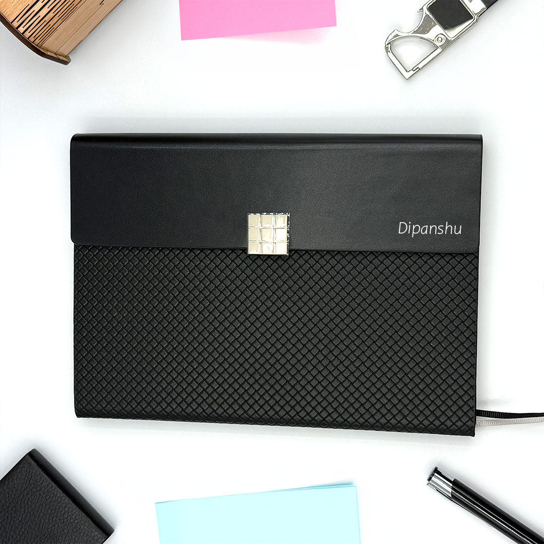 Personalized A5 Woven Vegan Leather Diary Notebook | Custom Name Journal Planner with Snap Button Closure for Office & Corporate Gifting | Love Craft Gifts™
