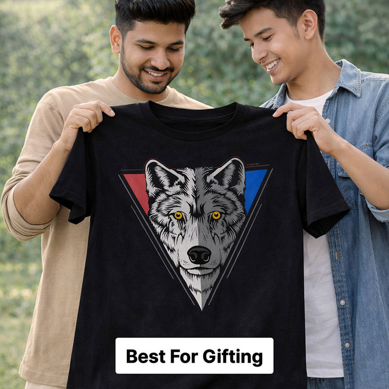Wolf Face Geometric Print Black T-Shirt