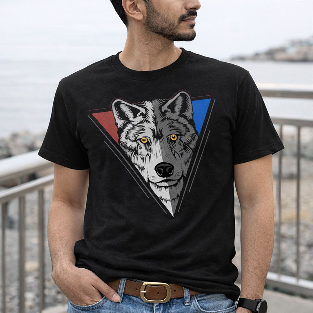 Wolf Face Geometric Print Black T-Shirt