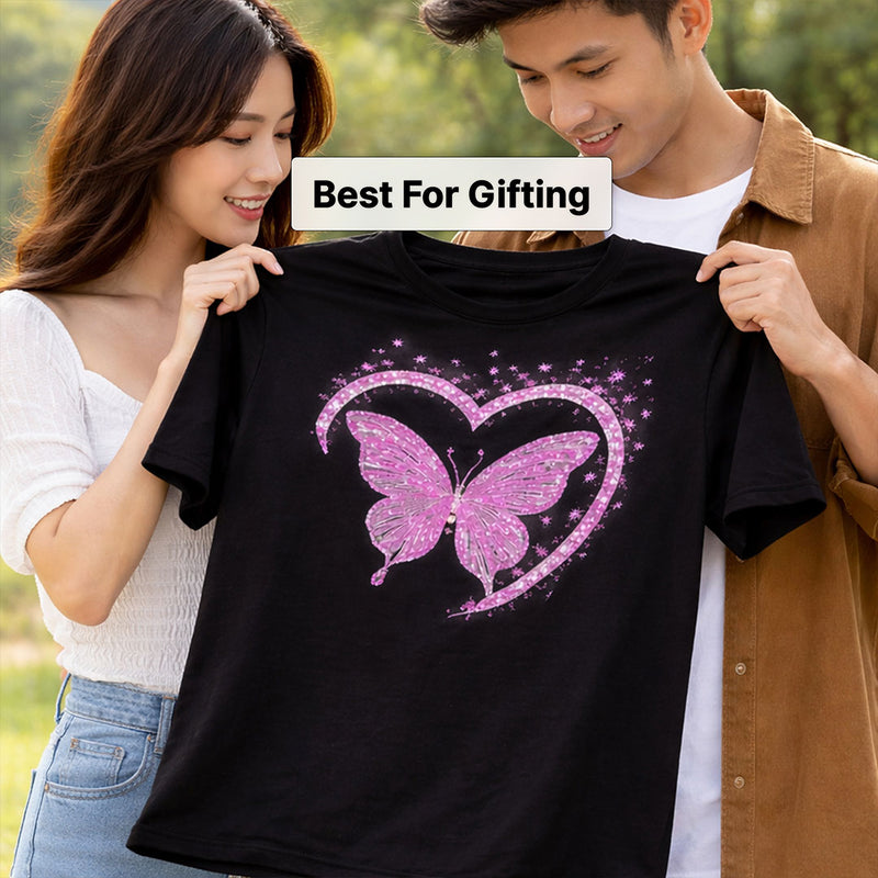 Pink Butterfly Heart Graphic Print Black T-Shirt