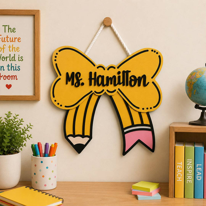 Teacher Classroom Name Sign | Pencil Bow Door Hanging for School Decor | Love Craft Gifts™