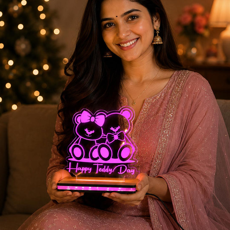 Teddy Day Love Gift Acrylic LED Lamp | Adorable Pink Teddy Bear Couple Light for Valentine's Celebration | Love Craft Gifts™

