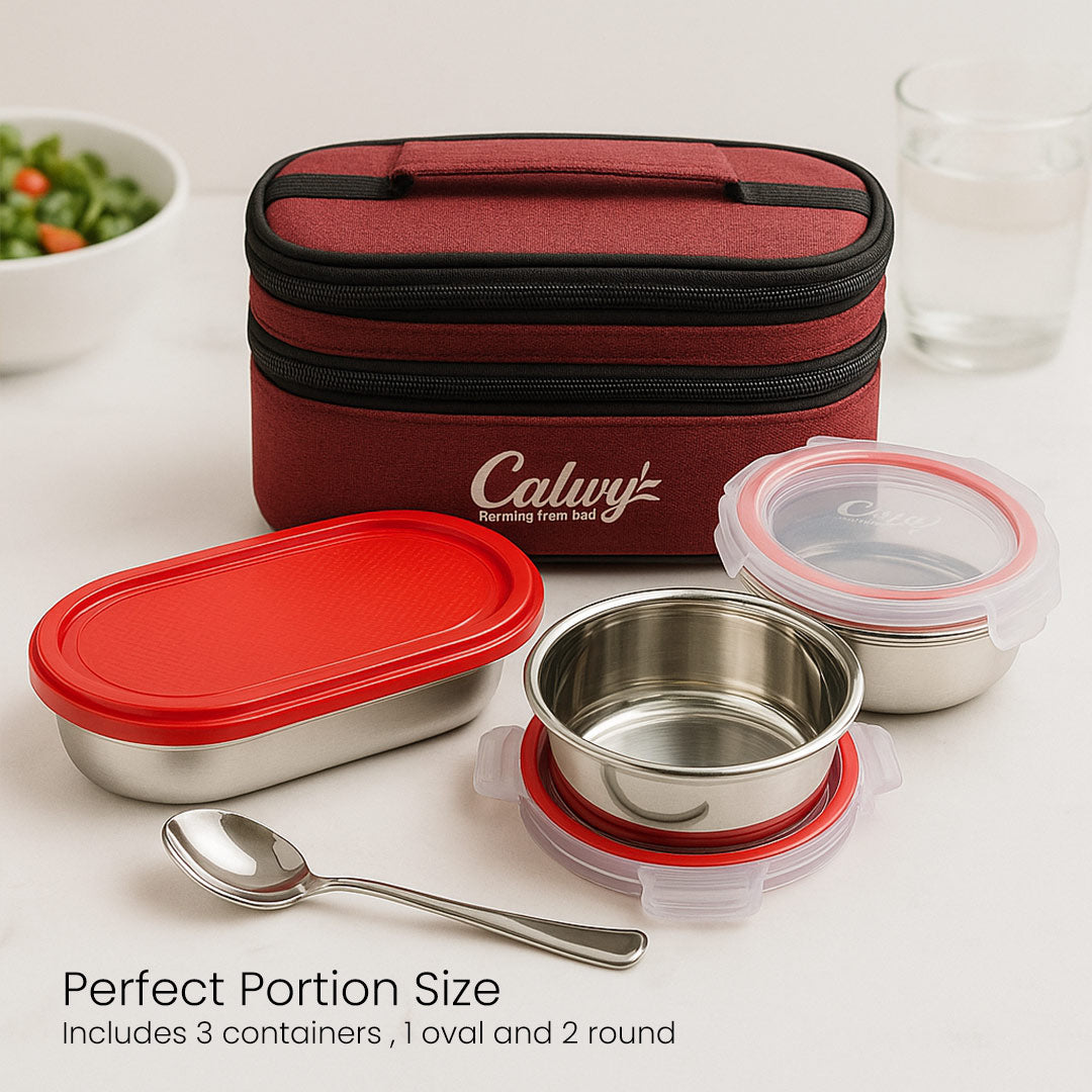 3-Container Stainless Steel Lunch Box with Leak-Proof Lids and Carry Pouch – Ideal for Office and School Use | Love Craft Gifts