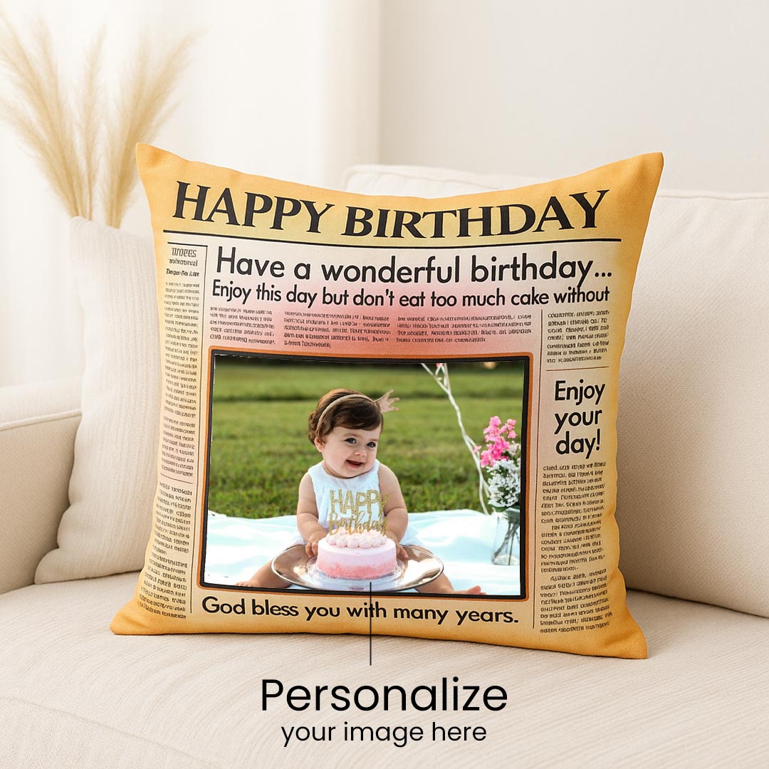 Happy Birthday Newspaper Style Personalized Cushion (10x10) | Love Craft Gifts