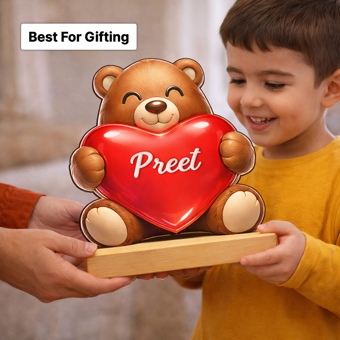 Personalized Teddy Bear Heart Wooden Stand with Name – Custom Cute Table Top Gift (7x7 Inch) | Love Craft Gifts