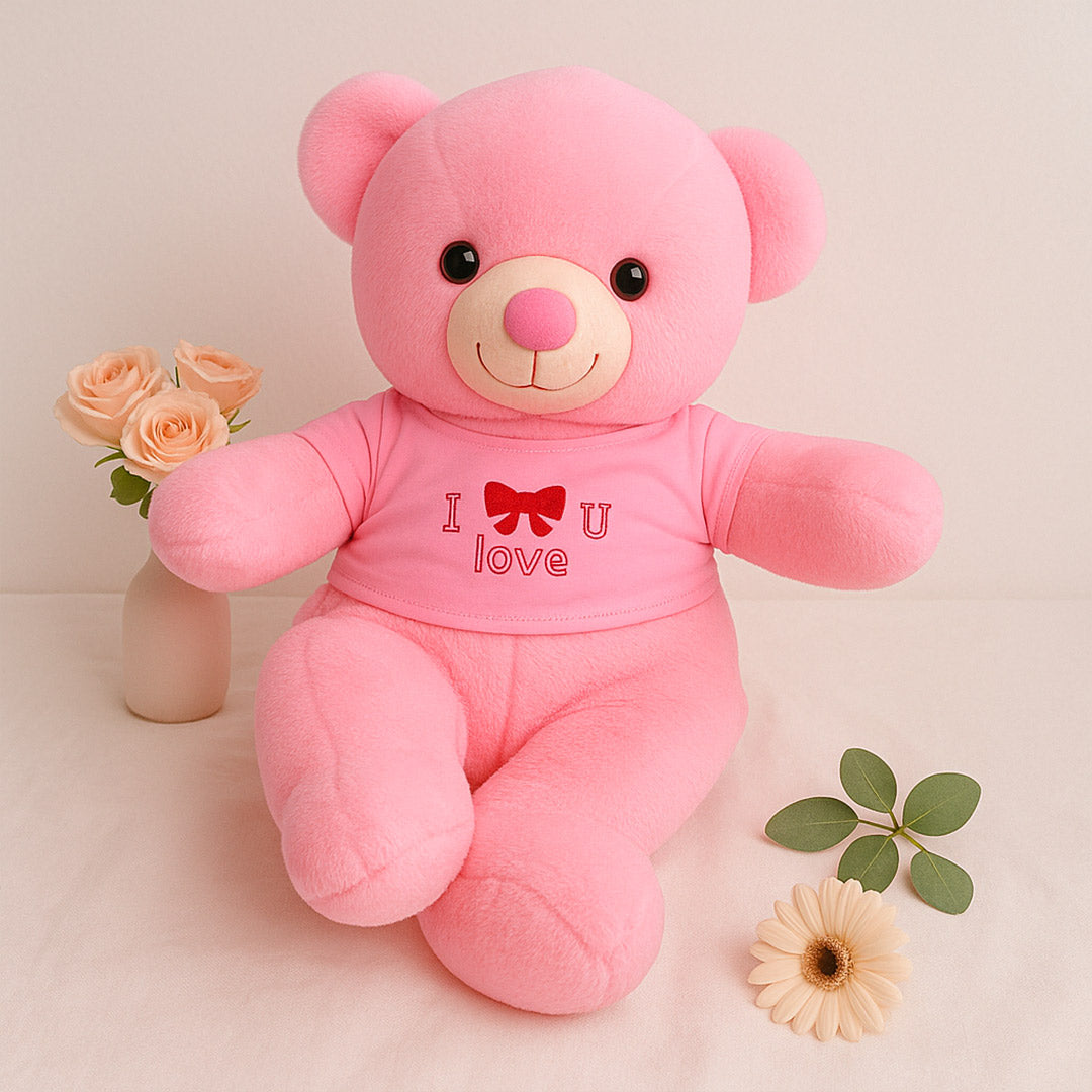 Pink Love Teddy Bear with "I ❤️ U" T-Shirt – Soft Plush Gift for Valentine's, Kids & Couples | Love Craft Gifts