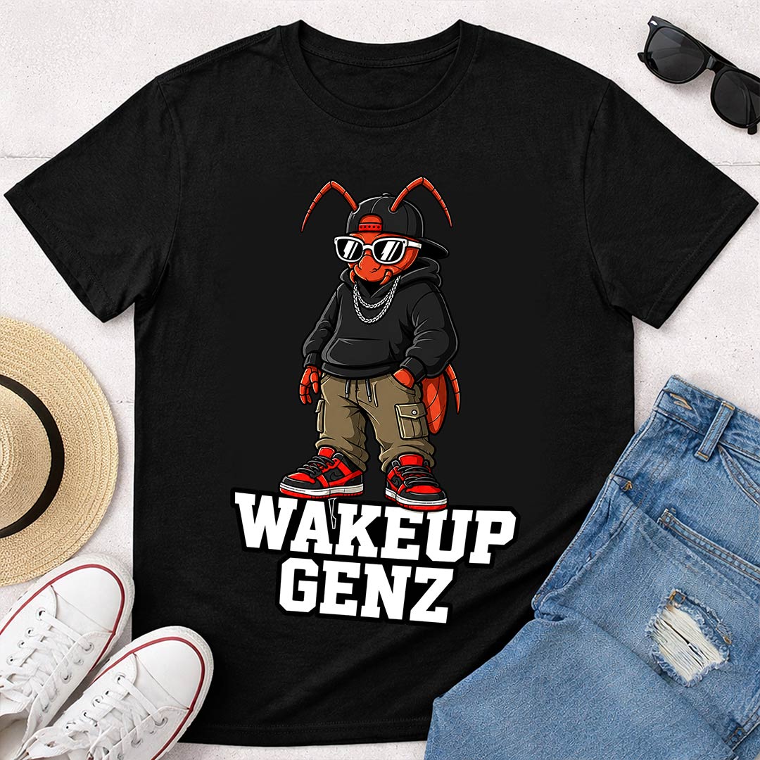 Wake Up Gen Z Cockroach Graphic T-Shirt for Men & Women | Viral Satirical Streetwear Tee Inspired by Internet Youth Culture - Black | Available in S, M, L, XL & XXL | Love Craft Gifts™
