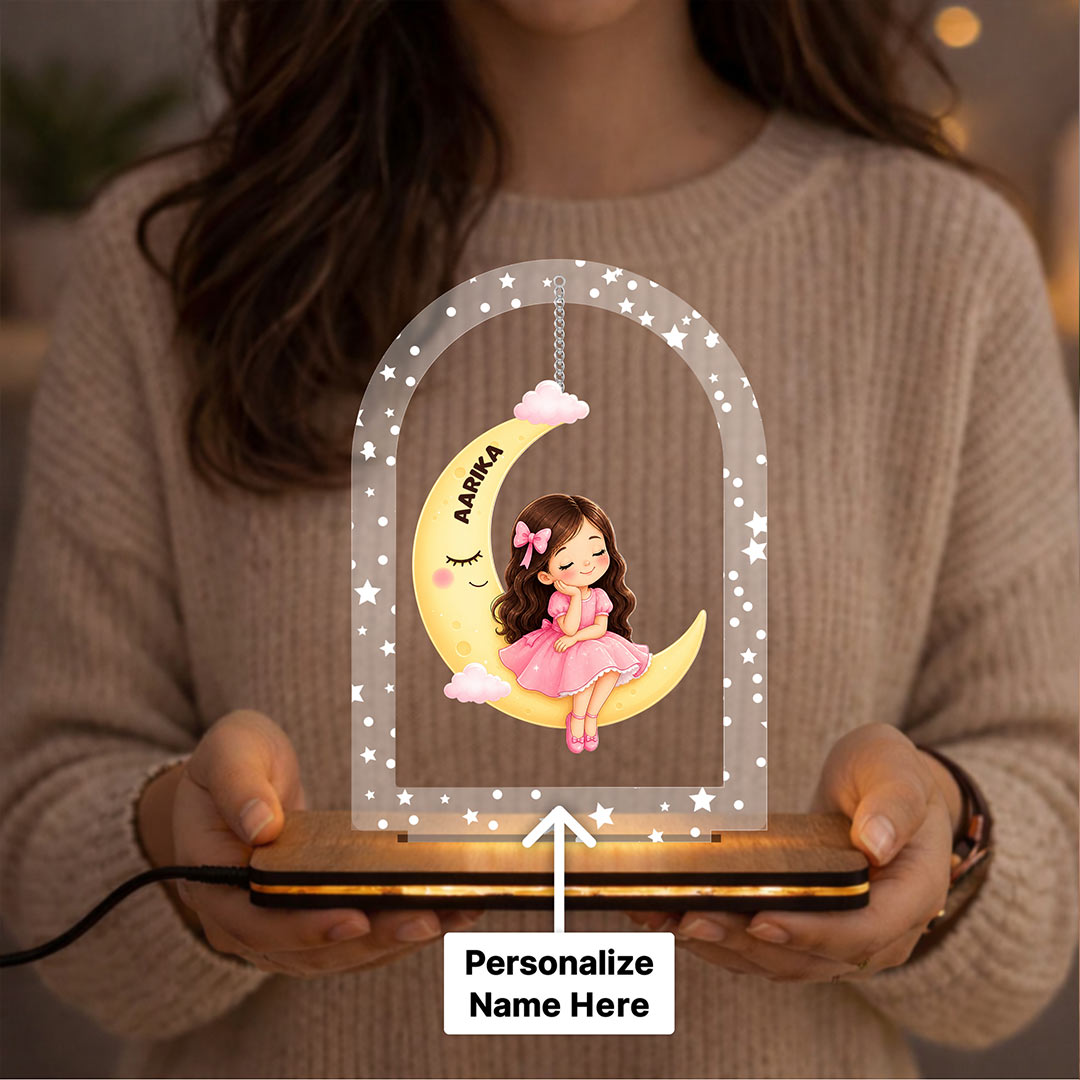 Personalized Moon Girl LED Acrylic Lamp with Custom Name for Kids Room Décor & Birthday Gift 6.5x6" | Love Craft Gifts™